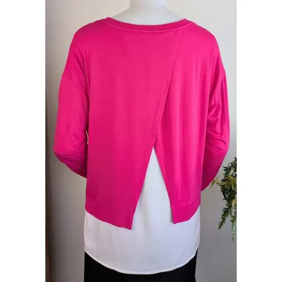 Calvin Klein Tunic Top Medium Hot Pink White Colorblock Layered Flowy NEW - Picture 3 of 9